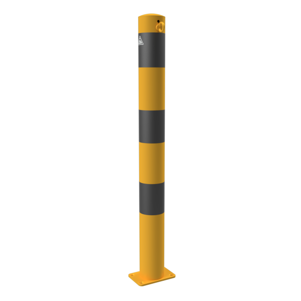 Barrier post | steel tube  89 x 2,9 mm | yellow / black | stationary, to be fixed by plugswith base plate 100 x 150 mm | with 1 eyelet